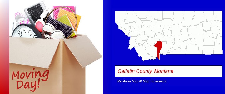moving day; Gallatin County, Montana highlighted in red on a map