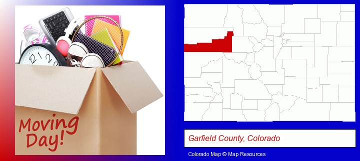 moving day; Garfield County, Colorado highlighted in red on a map