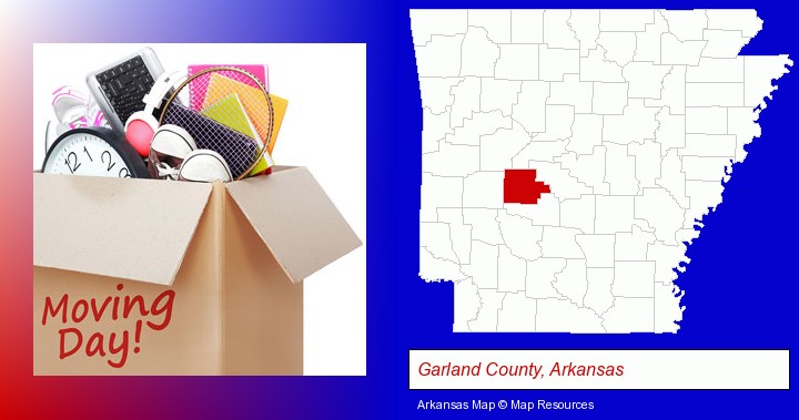 moving day; Garland County, Arkansas highlighted in red on a map