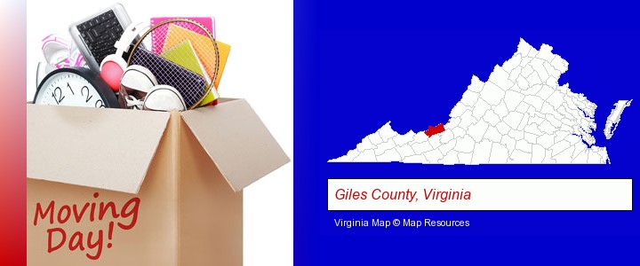 moving day; Giles County, Virginia highlighted in red on a map