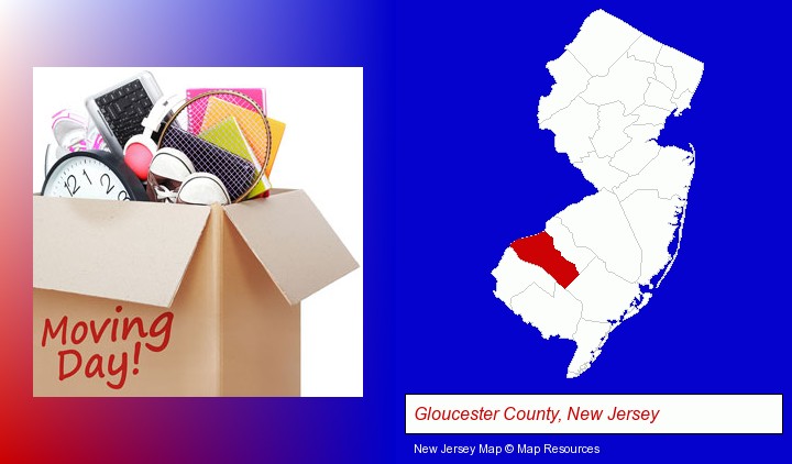 moving day; Gloucester County, New Jersey highlighted in red on a map