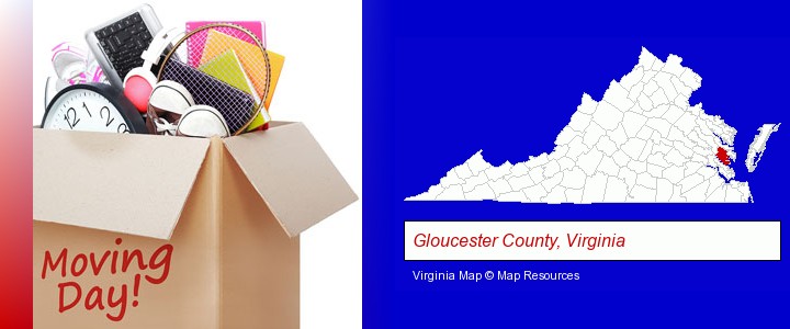 moving day; Gloucester County, Virginia highlighted in red on a map