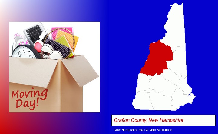 moving day; Grafton County, New Hampshire highlighted in red on a map