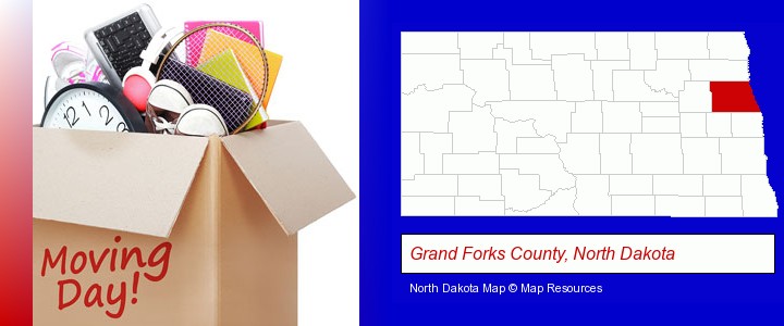 moving day; Grand Forks County, North Dakota highlighted in red on a map