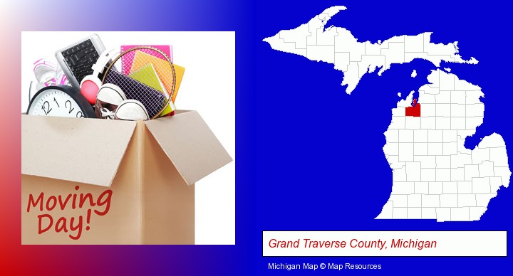 moving day; Grand Traverse County, Michigan highlighted in red on a map