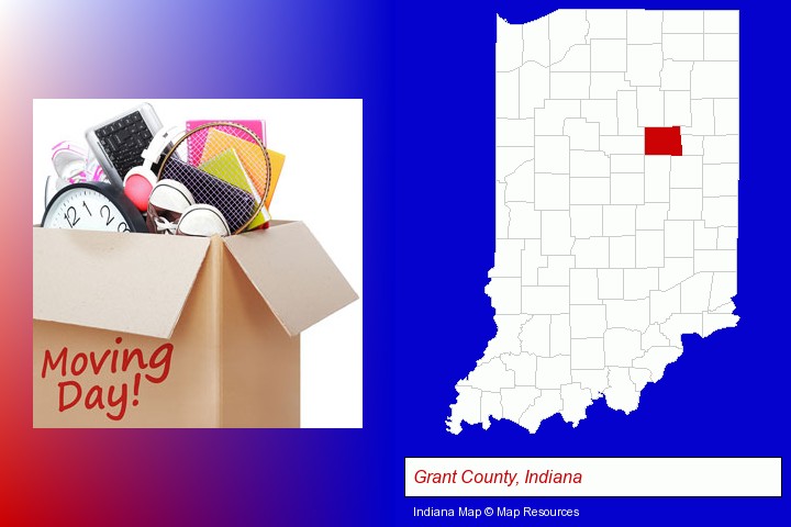 moving day; Grant County, Indiana highlighted in red on a map
