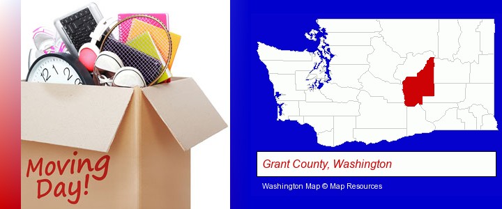 moving day; Grant County, Washington highlighted in red on a map