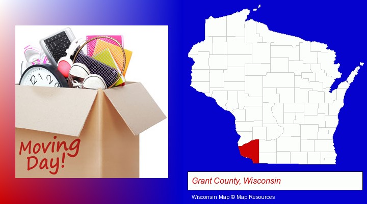 moving day; Grant County, Wisconsin highlighted in red on a map