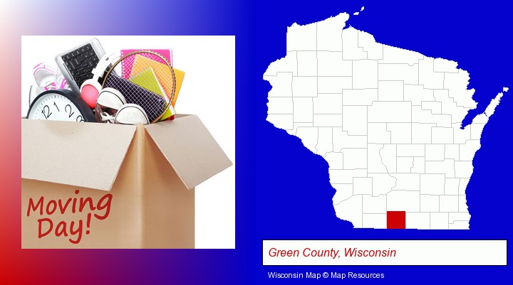 moving day; Green County, Wisconsin highlighted in red on a map