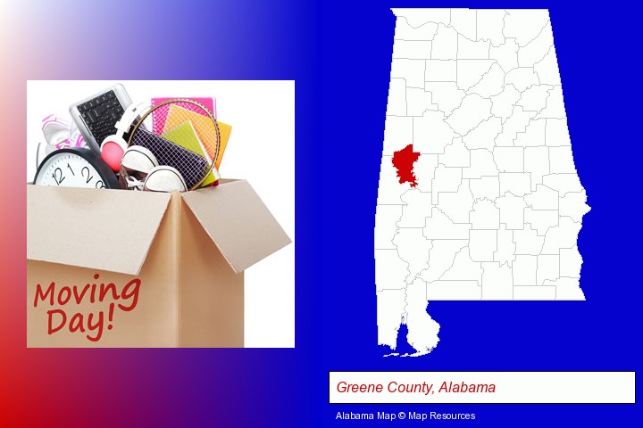 moving day; Greene County, Alabama highlighted in red on a map