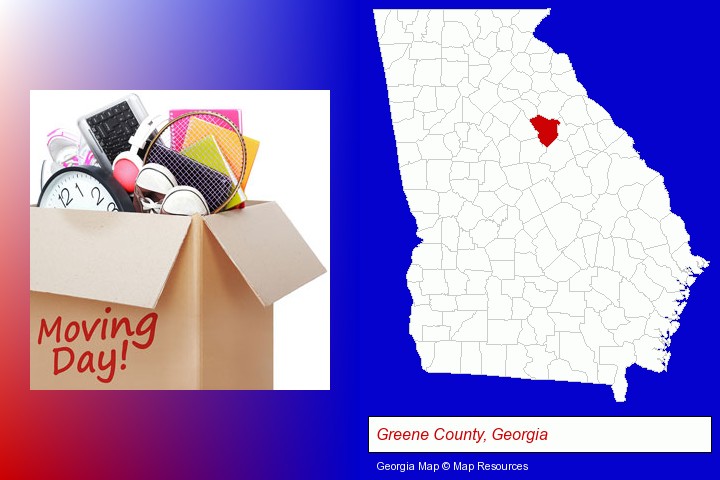 moving day; Greene County, Georgia highlighted in red on a map