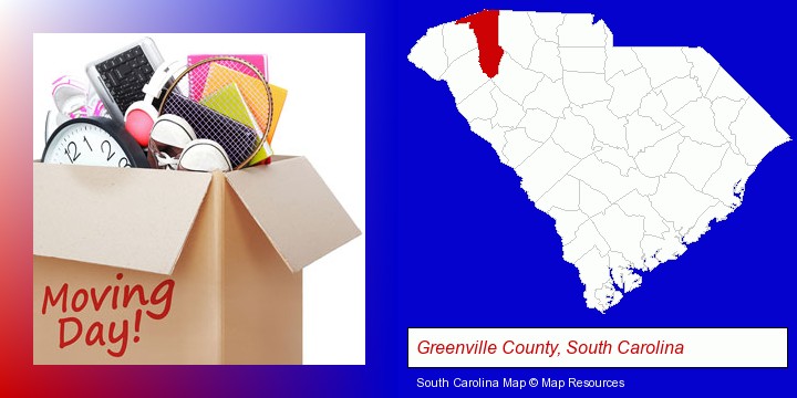 moving day; Greenville County, South Carolina highlighted in red on a map