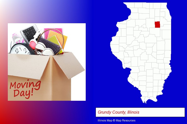 moving day; Grundy County, Illinois highlighted in red on a map