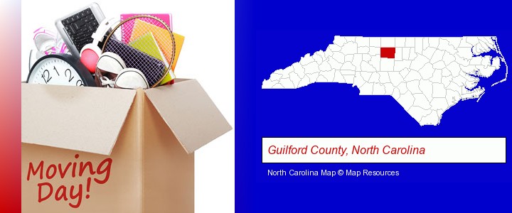 moving day; Guilford County, North Carolina highlighted in red on a map