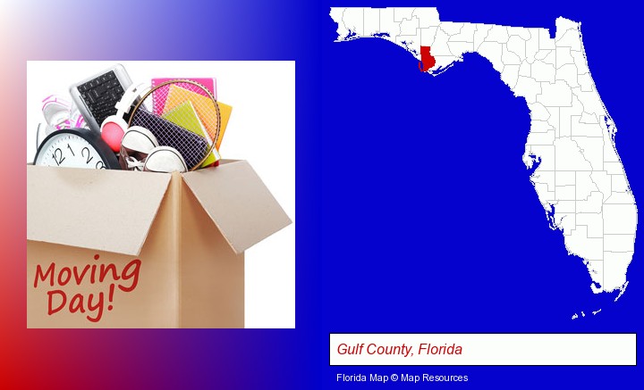 moving day; Gulf County, Florida highlighted in red on a map