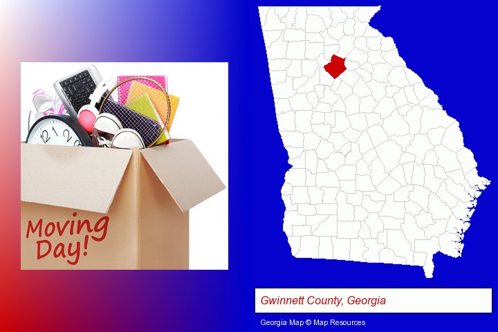 moving day; Gwinnett County, Georgia highlighted in red on a map