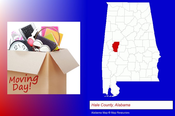 moving day; Hale County, Alabama highlighted in red on a map