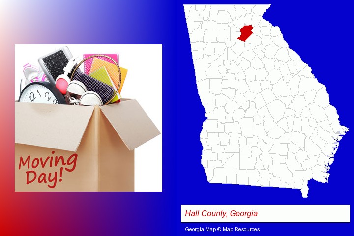 moving day; Hall County, Georgia highlighted in red on a map