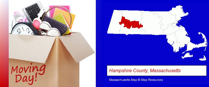 moving day; Hampshire County, Massachusetts highlighted in red on a map