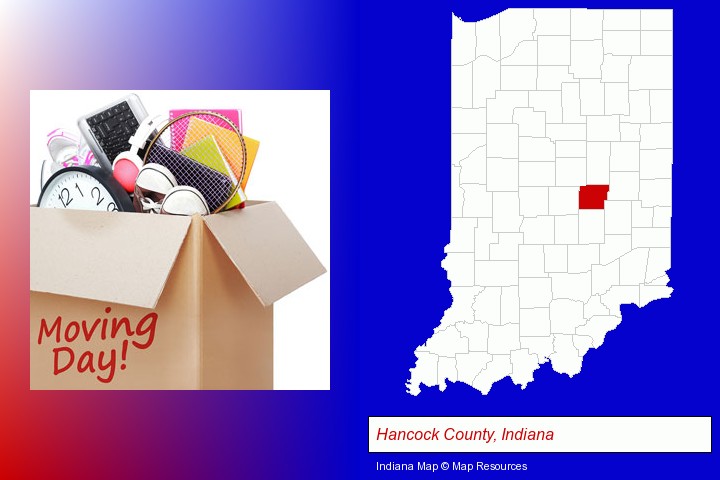 moving day; Hancock County, Indiana highlighted in red on a map