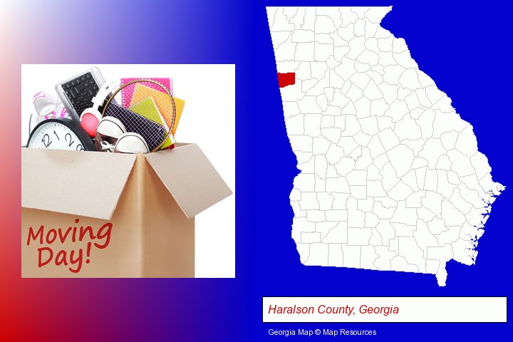 moving day; Haralson County, Georgia highlighted in red on a map
