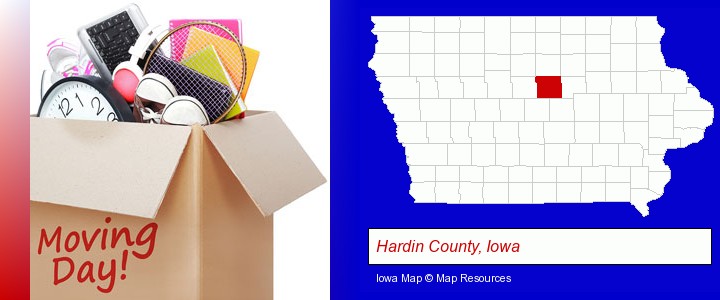 moving day; Hardin County, Iowa highlighted in red on a map