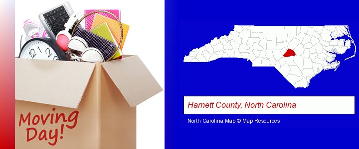 moving day; Harnett County, North Carolina highlighted in red on a map