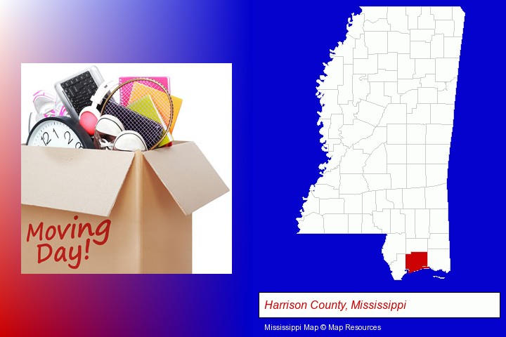 moving day; Harrison County, Mississippi highlighted in red on a map