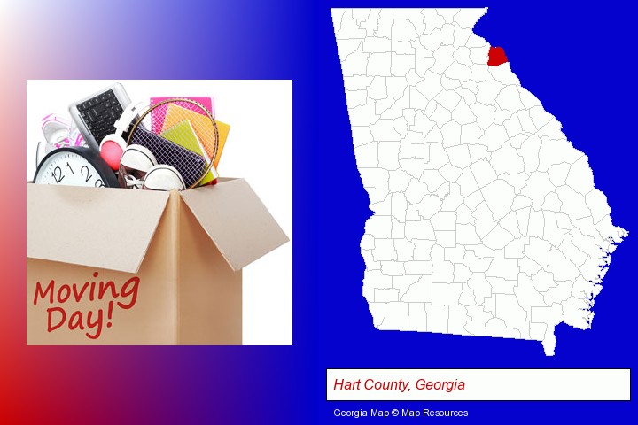 moving day; Hart County, Georgia highlighted in red on a map