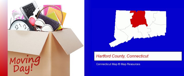 moving day; Hartford County, Connecticut highlighted in red on a map