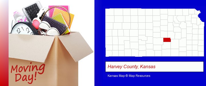 moving day; Harvey County, Kansas highlighted in red on a map