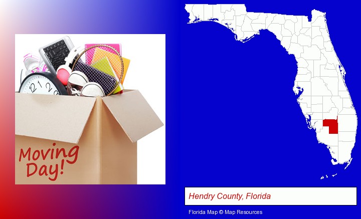 moving day; Hendry County, Florida highlighted in red on a map
