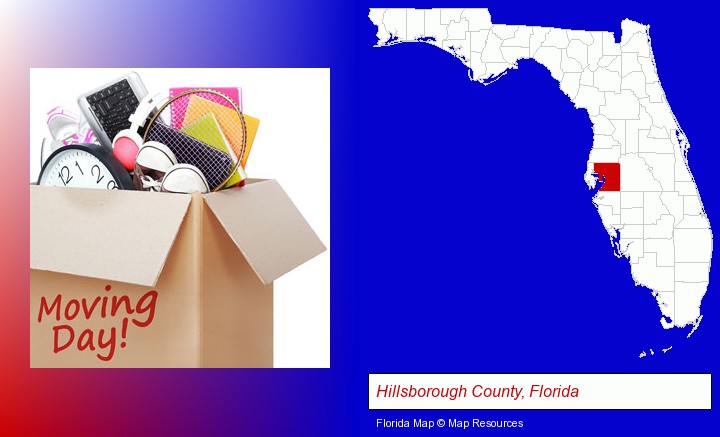 moving day; Hillsborough County, Florida highlighted in red on a map