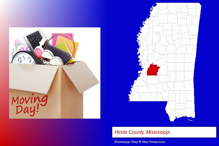 moving day; Hinds County, Mississippi highlighted in red on a map
