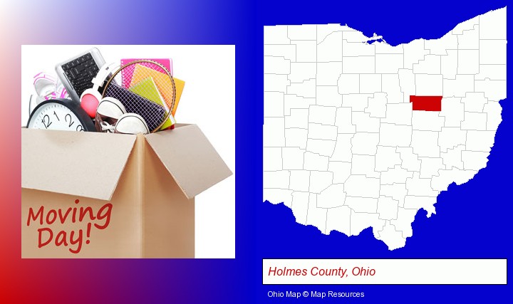moving day; Holmes County, Ohio highlighted in red on a map