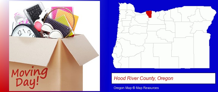 moving day; Hood River County, Oregon highlighted in red on a map