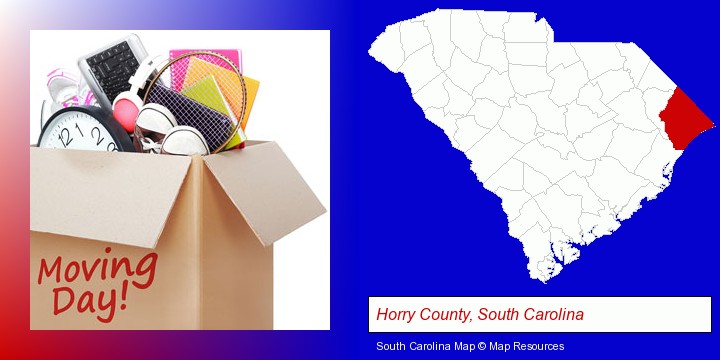 moving day; Horry County, South Carolina highlighted in red on a map