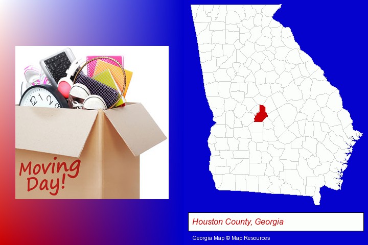 moving day; Houston County, Georgia highlighted in red on a map