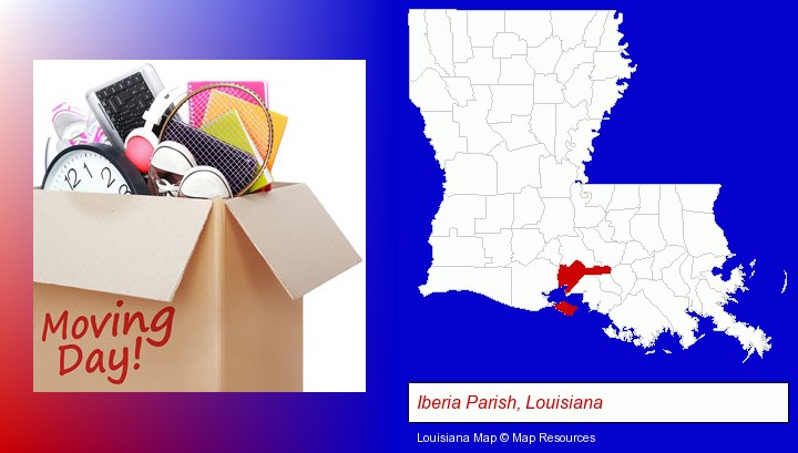moving day; Iberia Parish, Louisiana highlighted in red on a map