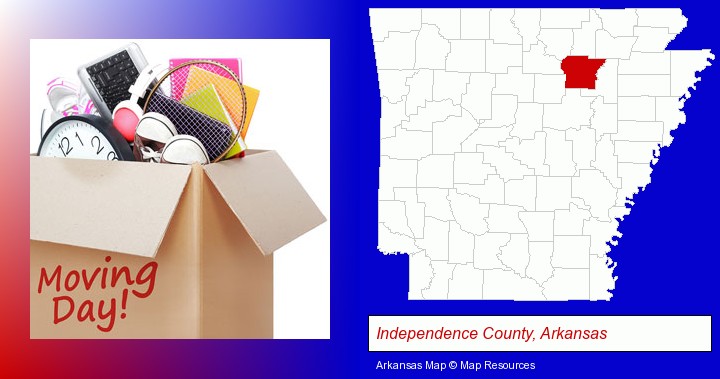 moving day; Independence County, Arkansas highlighted in red on a map