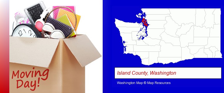 moving day; Island County, Washington highlighted in red on a map