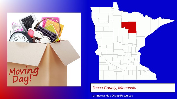 moving day; Itasca County, Minnesota highlighted in red on a map