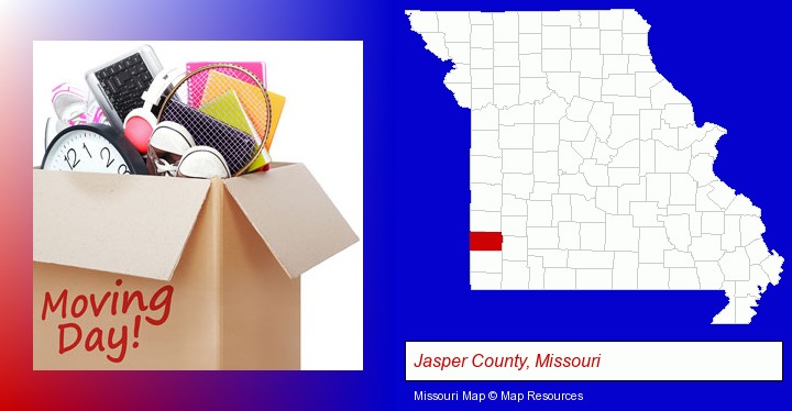 moving day; Jasper County, Missouri highlighted in red on a map