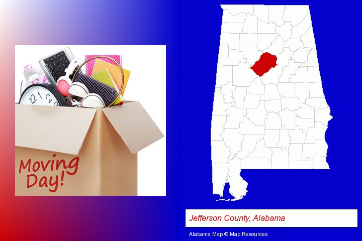 moving day; Jefferson County, Alabama highlighted in red on a map