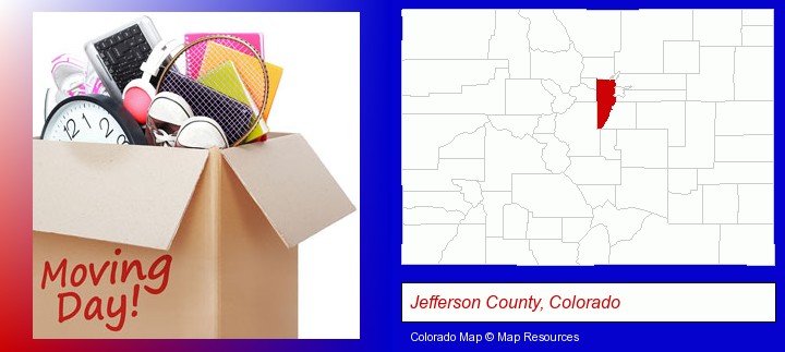 moving day; Jefferson County, Colorado highlighted in red on a map