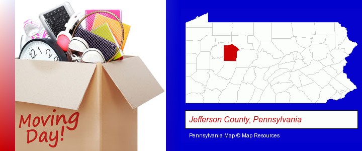 moving day; Jefferson County, Pennsylvania highlighted in red on a map