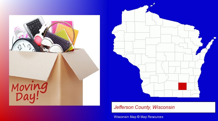 moving day; Jefferson County, Wisconsin highlighted in red on a map