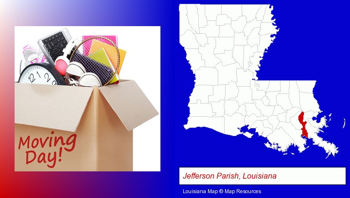 moving day; Jefferson Parish, Louisiana highlighted in red on a map