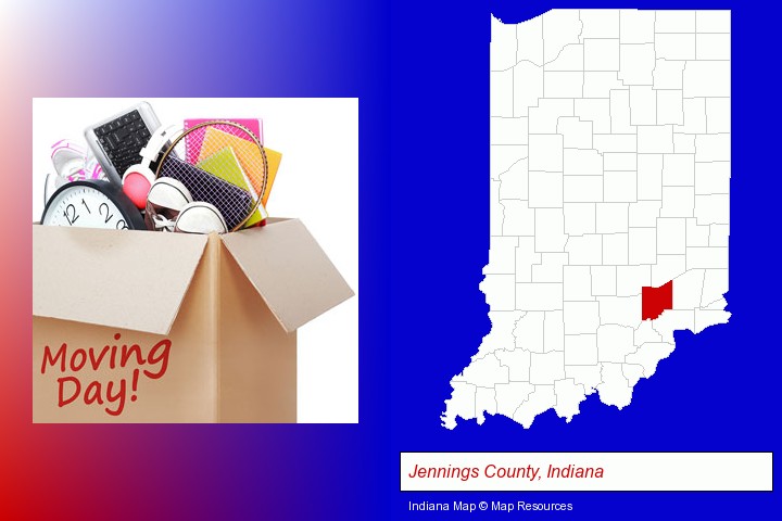 moving day; Jennings County, Indiana highlighted in red on a map