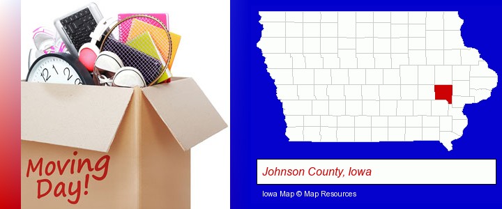 moving day; Johnson County, Iowa highlighted in red on a map